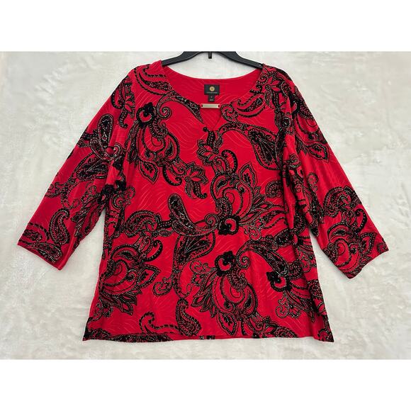 JM Collection Red Holiday Party Tunic Top 2X Glitter Paisley - Picture 1 of 8